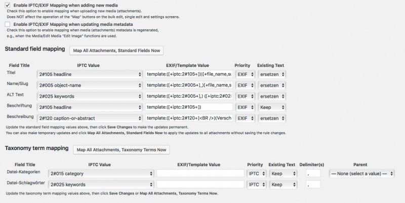 Screenshot der IPTC/Exif Settings vom Media Library Assistant PlugIn, Media Library Assistant, Screenshot, Workflow